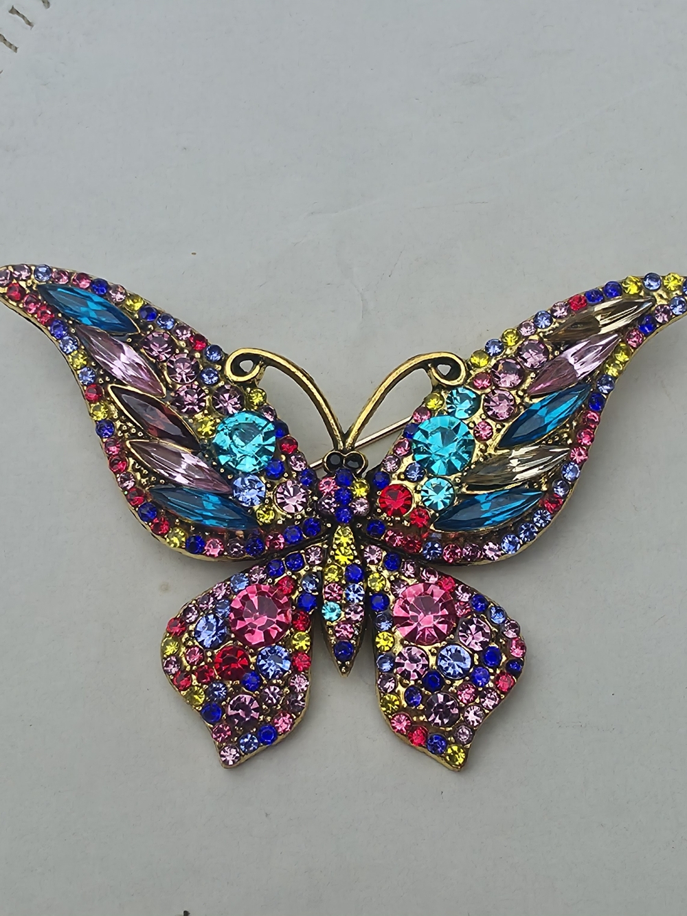 Big 3" Multicolor Pink BluCrystal Rhinestone Butterfly Brooch Statement Pin